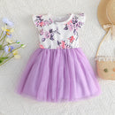 Flower Print Tulle Patchwork Kids Girls A-line Dress