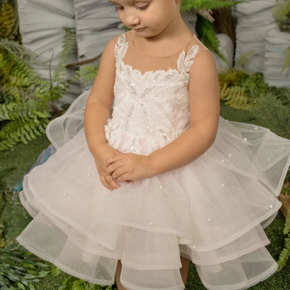 Glitter Decoration Sheer Neck Design Ivory Puffy Little Girls Dresses