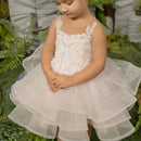 Glitter Decoration Sheer Neck Design Ivory Puffy Little Girls Dresses