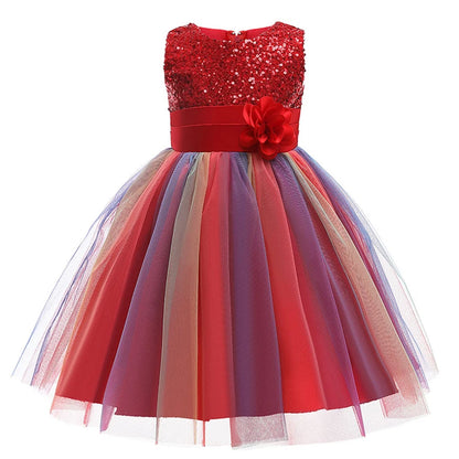 Girls Sleeveless Sequins Flower Rainbow Design Summer Dresses childrensterritory
