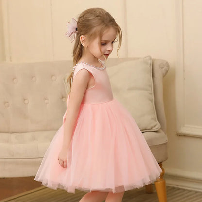 Kids Girls Solid Color Pearl Bow Design Fluffy Princess Dresses childrensterritory