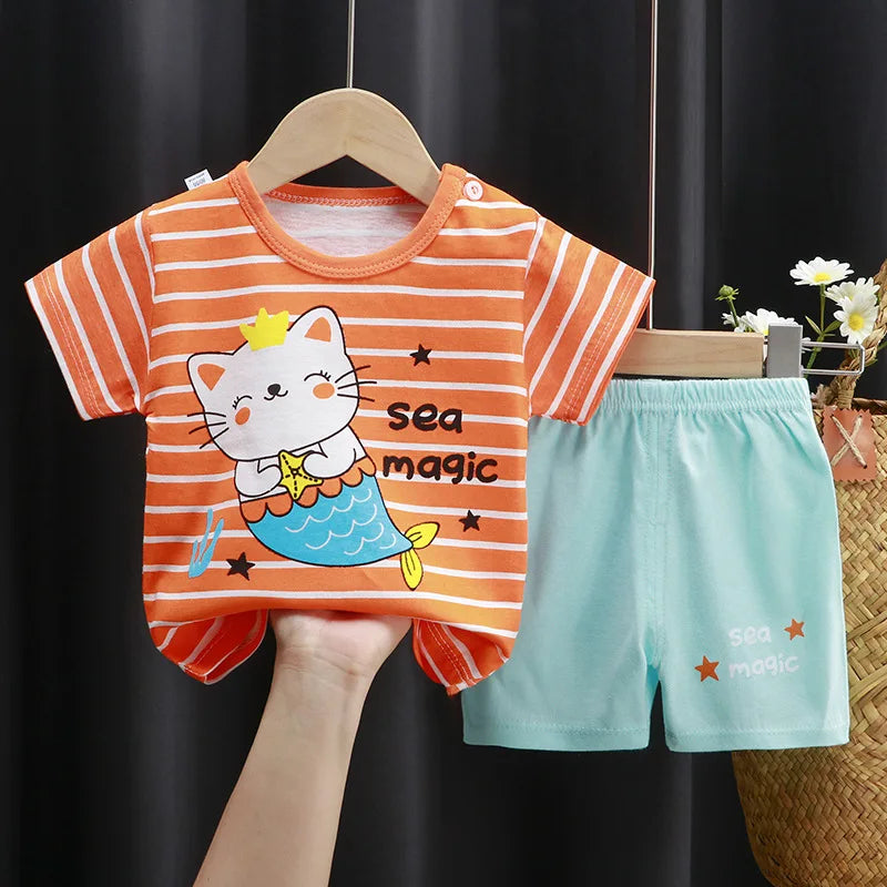 Little Boys Girls Cartoon Print Cotton Clothing Sets