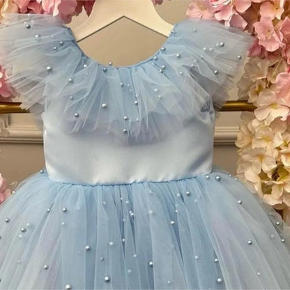 Pearls Design Cute Tulle Gown with Big Bow for Infant Girls