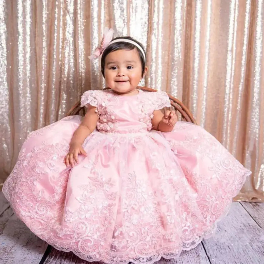 Lace-Appliqued, Fluffy Pink Kids Girl&