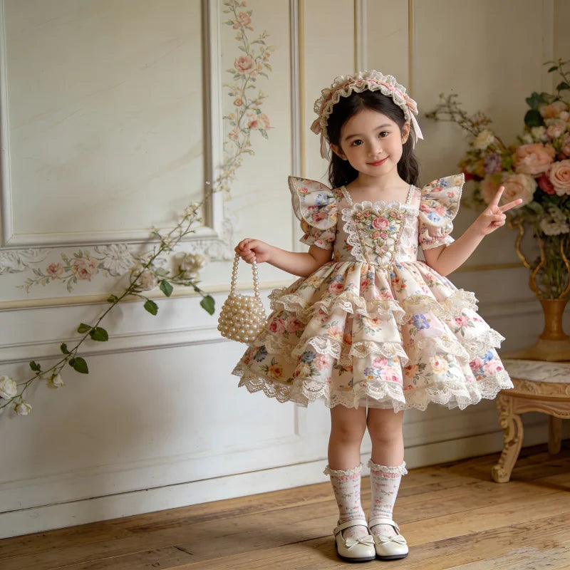 Kids Girls Floral Print Lace Patchwork Summer Princess Dress