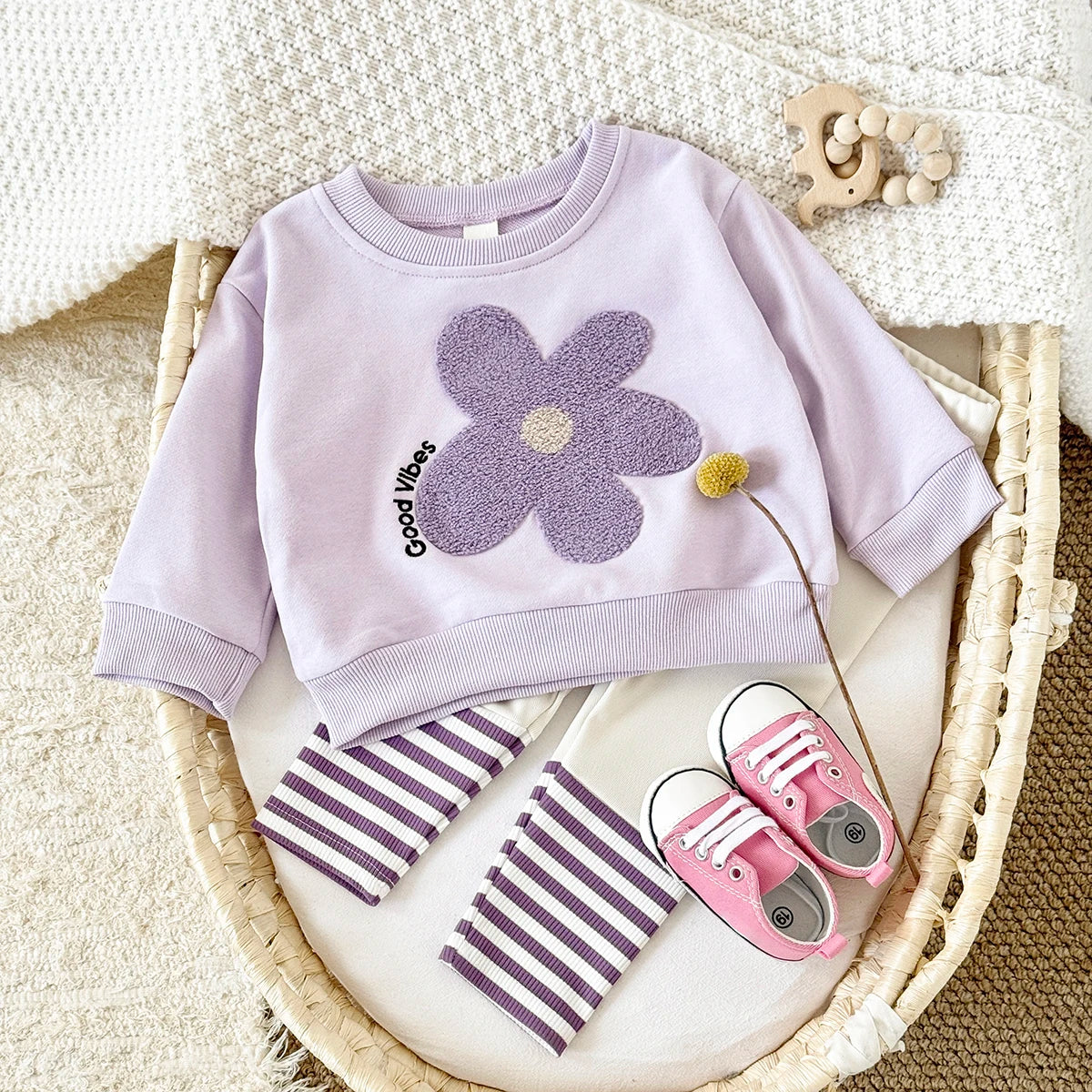 Baby Girls Flower Sweatshirt + Stripe Pants 2Pcs Outfit Set