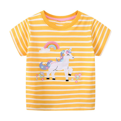 Rainbow Cartoon Unicorn Print Girls Summer T-Shirts childrensterritory