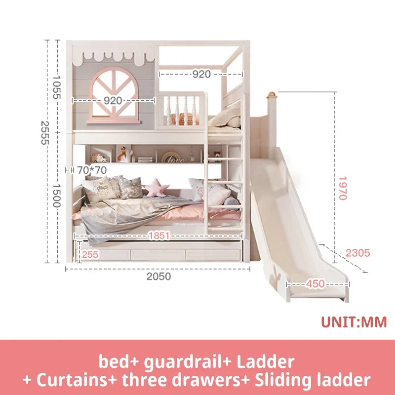 Beautiful Kids Bunk Beds with Large Storage Space and Guardrail