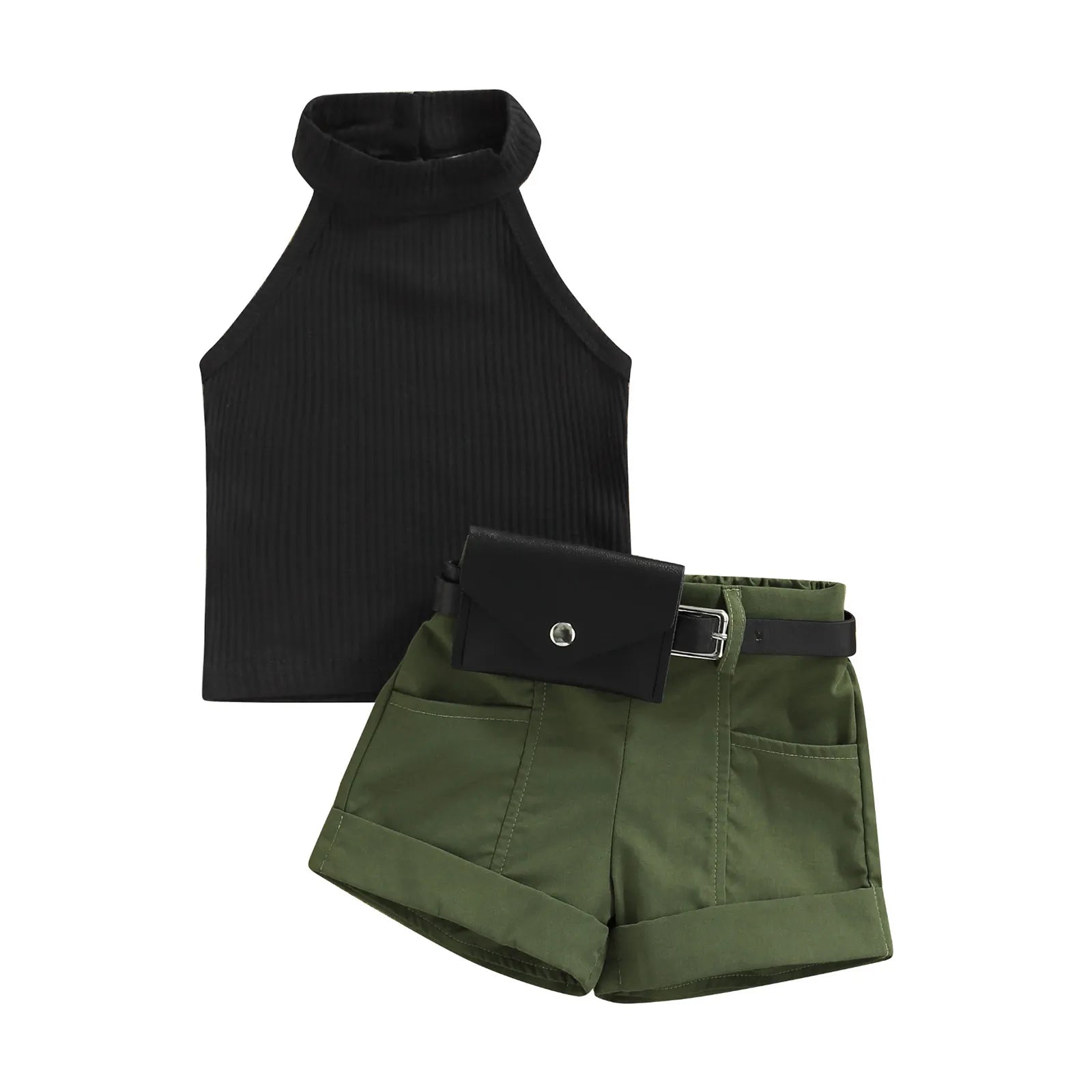 Little Girl Three-Piece Sleeveless Top + Belted Short Pants Outfit childrensterritory