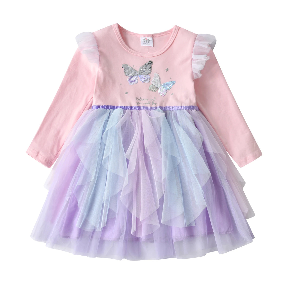 Cartoon Print Long Sleeve Girls Sequined Princess Dresses childrensterritory