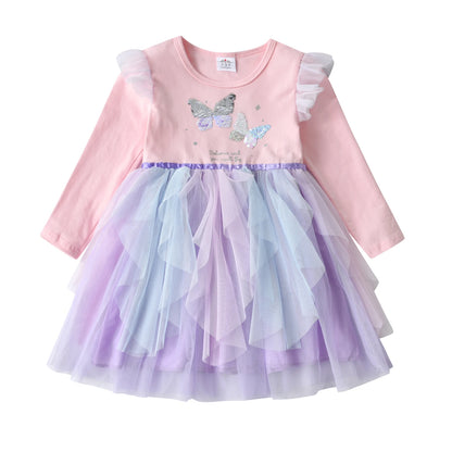 Cartoon Print Long Sleeve Girls Sequined Princess Dresses childrensterritory