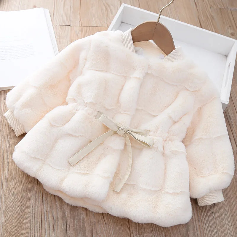 Girls’ Stylish Soft Long-Sleeve Winter Fur Coat