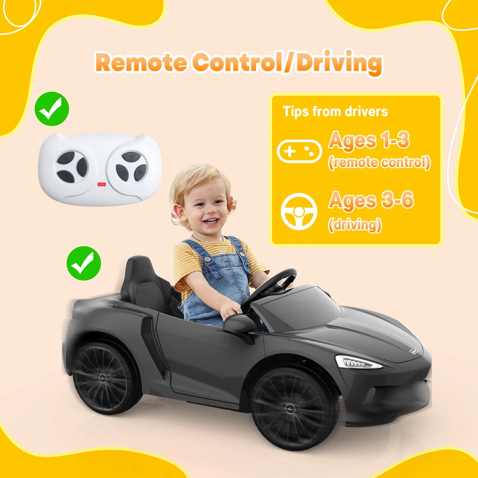 Kids 12V Ride On Sports Car with 2 Speeds, Sound System