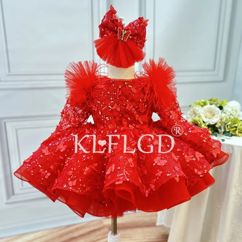 Girls Long Sleeves Butterfly Design Fluffy Party Dresses