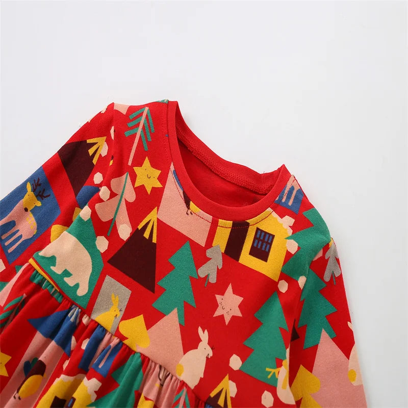 Kids Girls Cartoon Print Long Sleeve Winter Party Dresses childrensterritory