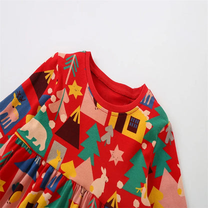 Kids Girls Cartoon Print Long Sleeve Winter Party Dresses childrensterritory