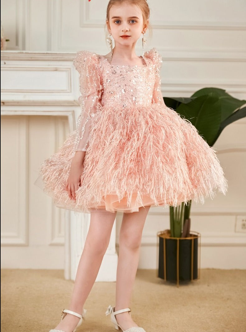 Fluffy Shiny Feather Princess Birthday Party Dresses for Girls childrensterritory