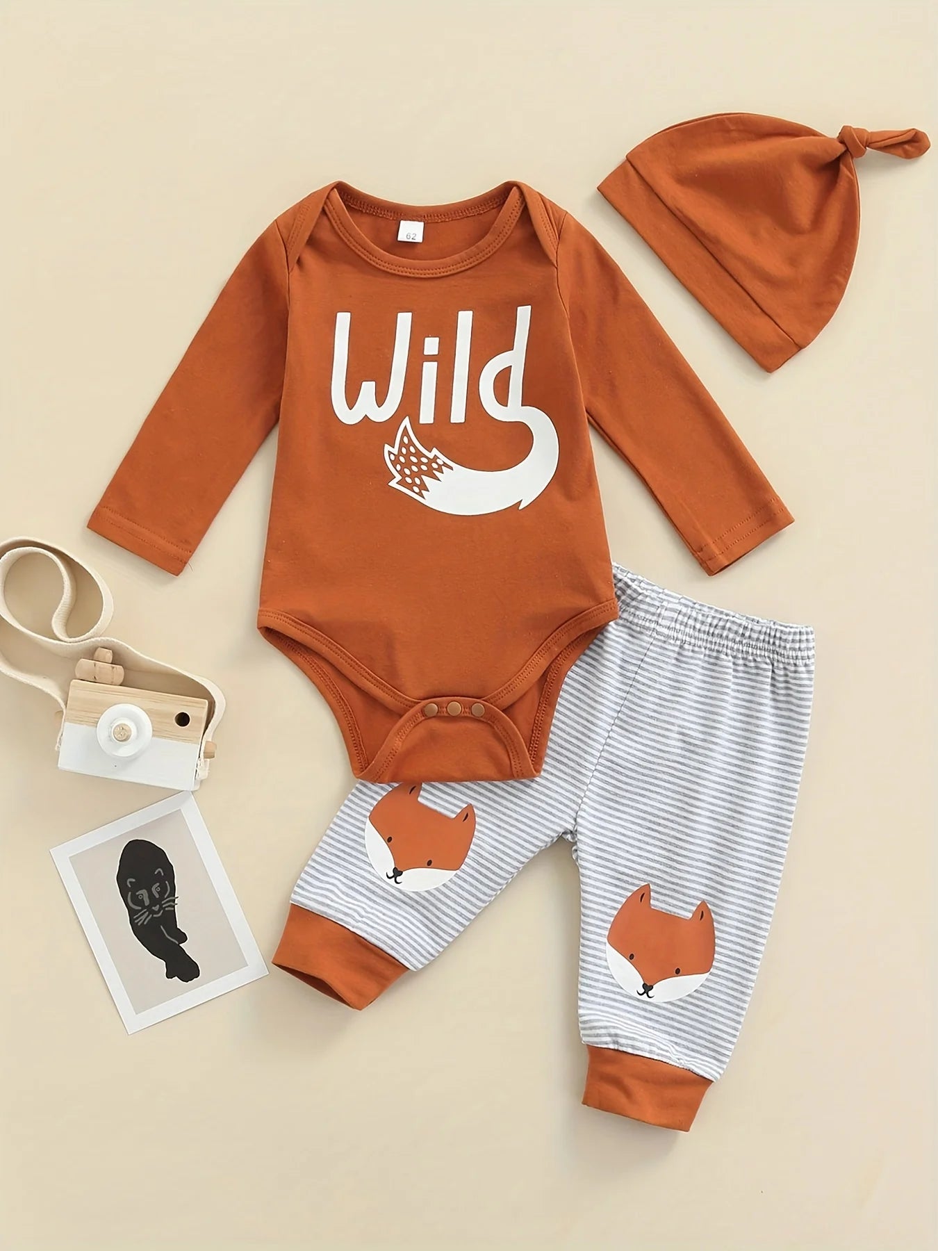 Cute Fox Print Long Sleeve Bodysuit Hat And Pants Baby 3 Pieces Suit childrensterritory