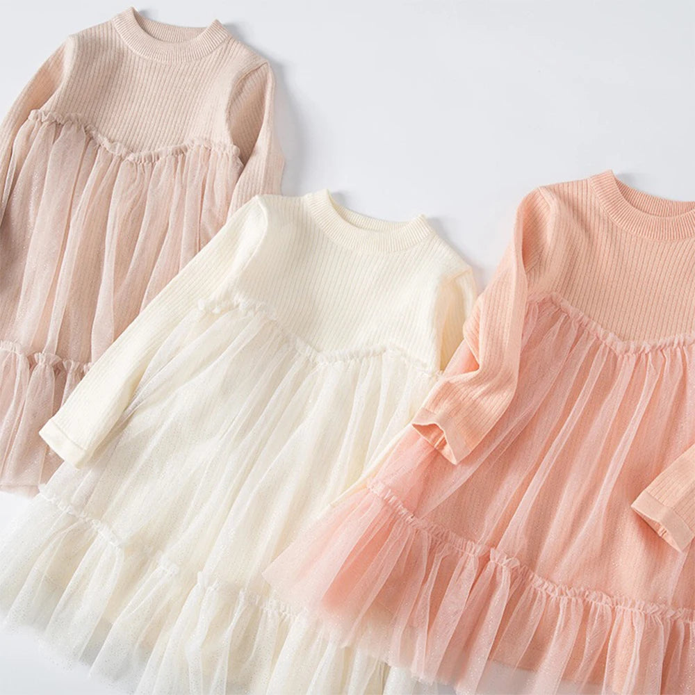 Knitted Mesh Splice Dresses for Little Girls with Round Neck childrensterritory