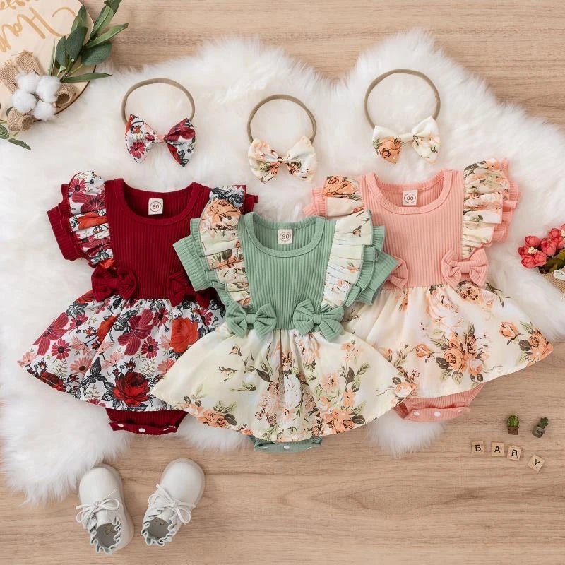 Floral Print Baby Girl Cotton Jumpsuit Dress With Bowknot