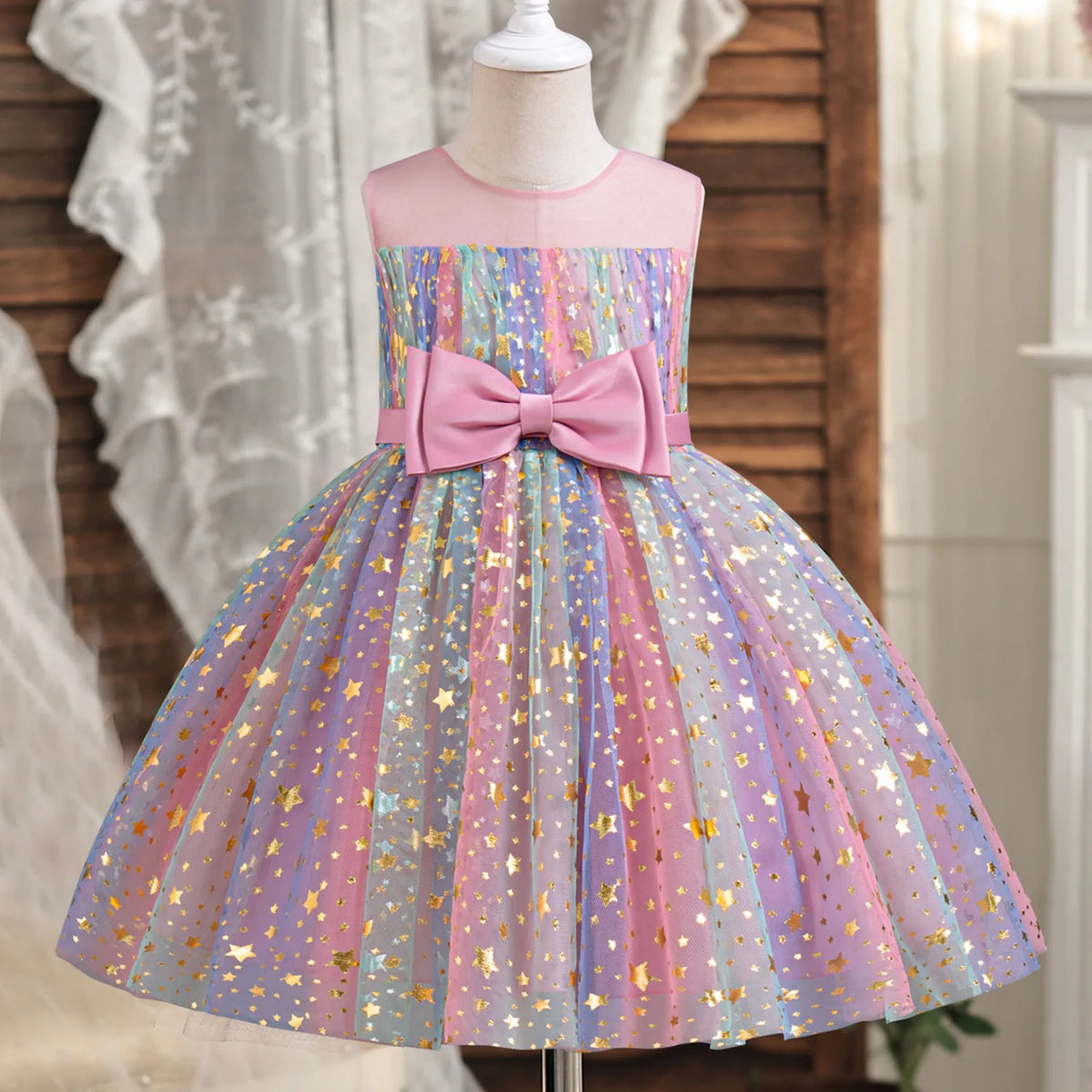 Kids Girls Star Sequin Colorful Bow Splicing Princess Dresses