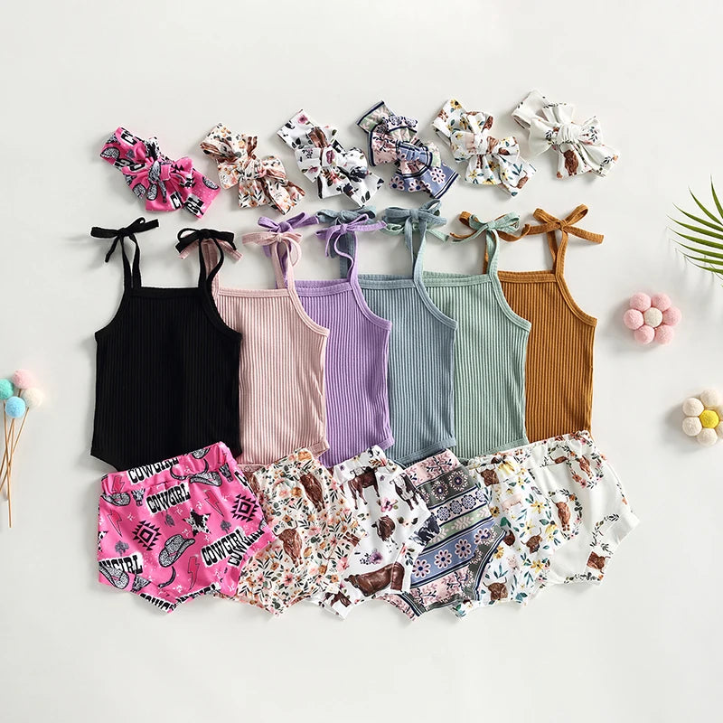 Baby Girl Sleeveless Romper and Print Shorts Set