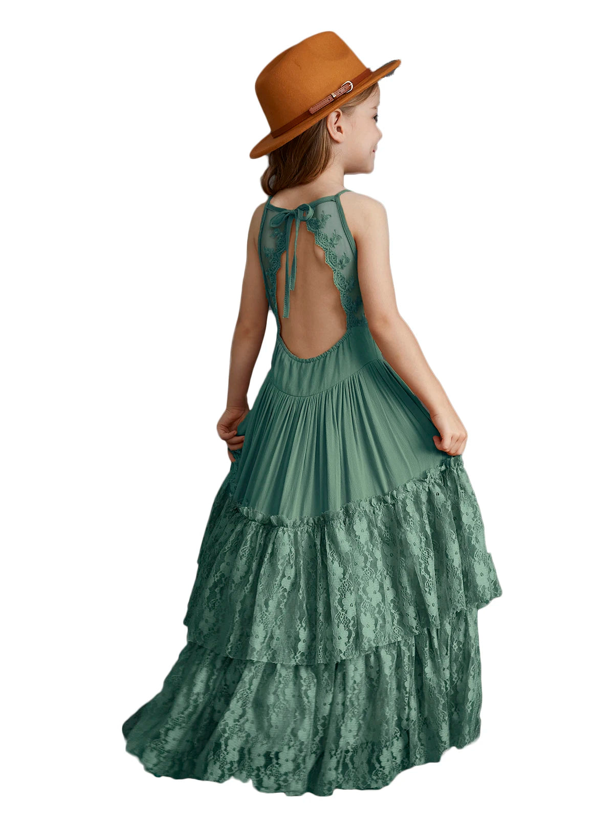 Girls Bohemia Lace Design Backless Chiffon Long Dresses childrensterritory