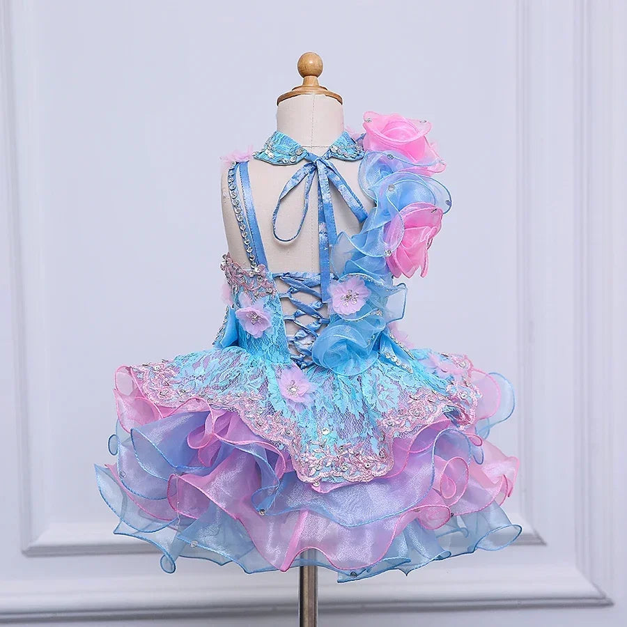 Kids Girls Beading Stones Ruffles Halter Party Dress