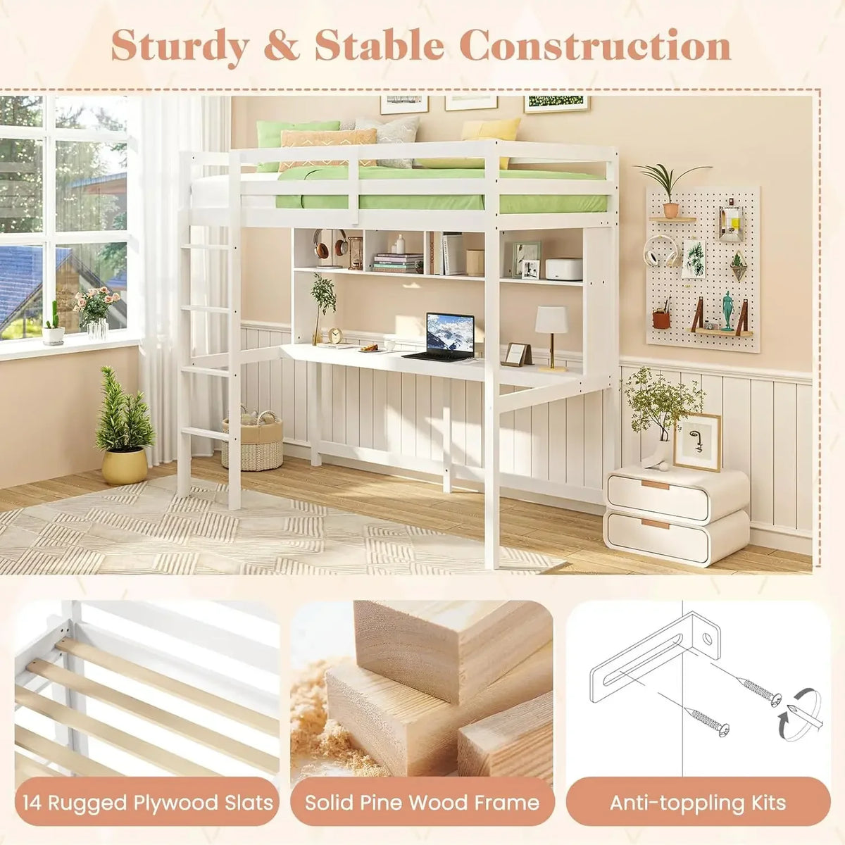 Simple Design Twin Loft Bed with Built-in Desk and Stairs
