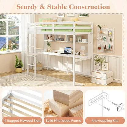 Simple Design Twin Loft Bed with Built-in Desk and Stairs