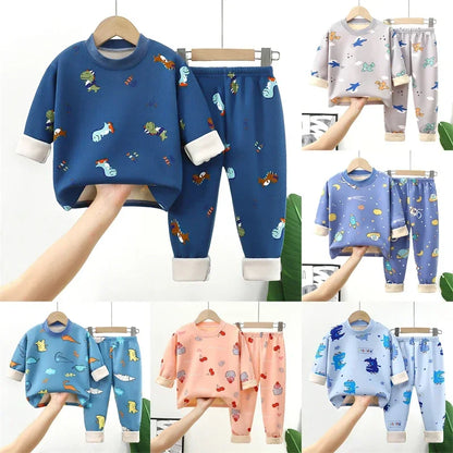 Baby/Kids Thick Warm Cartoon Print Pajamas Set