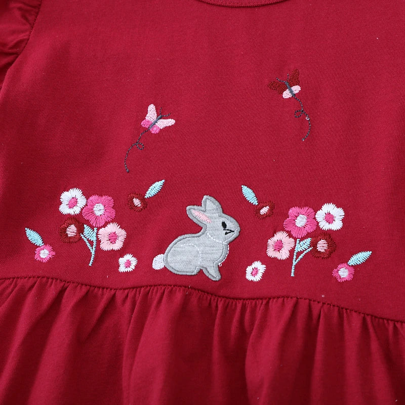 Little Girls Cartoon Flowers Rabbits Embroidered Dresses childrensterritory