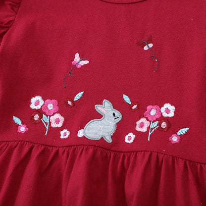 Little Girls Cartoon Flowers Rabbits Embroidered Dresses childrensterritory