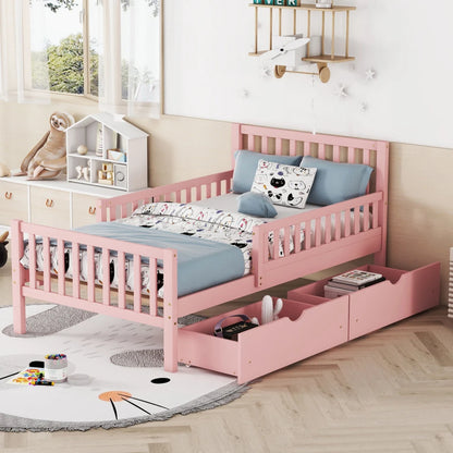 Space-saving Twin Size Wood Platform Bed with Guardrails childrensterritory