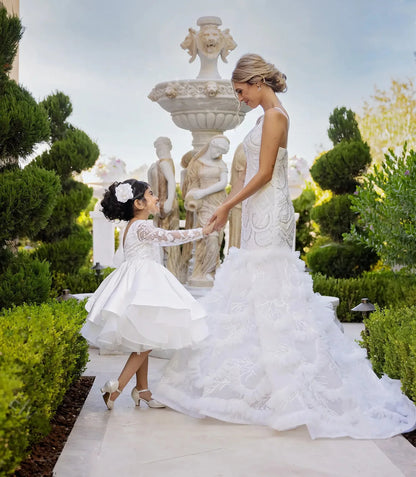 Fluffy Satin Long Sleeves Wedding Dress With Bow for Girls childrensterritory