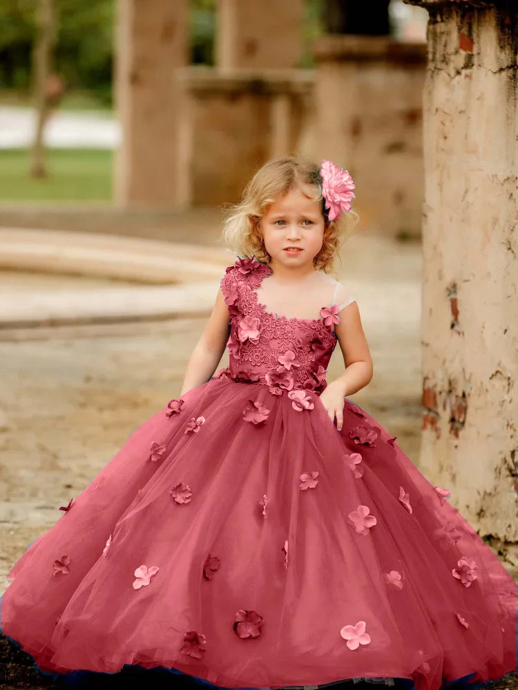 Baby/Kids Girls Tulle Flowers Appliques Banquet Princess Gowns