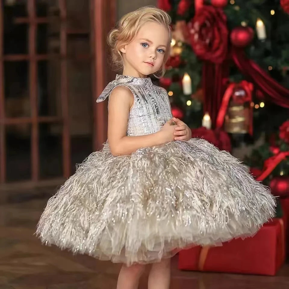 Girls Fluffy Feather &amp; O Neck Sleeveless Ball Gown/Party Dress
