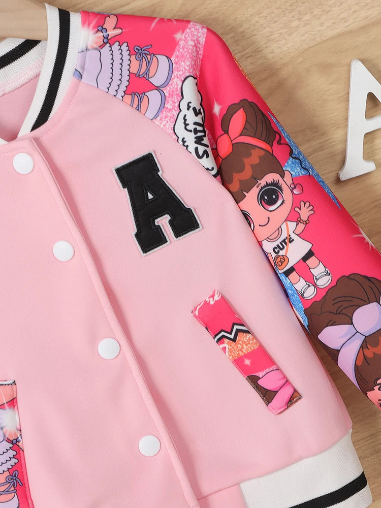 "A" Pattern and Cartoon Doll Print Kids Girls Jackets childrensterritory
