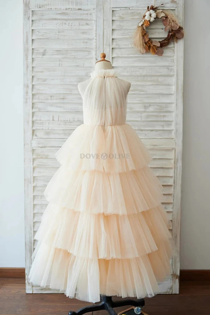 Tiered Tulle Champagne Flower Girl Dresses for Wedding