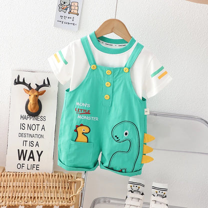 Baby Boys Strips T-Shirt Cartoon Print Denim Bib Pants 2Pcs/Set childrensterritory