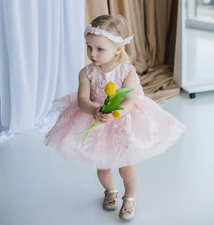 Puffy Lace Embroidery Bow-Design Christening/Party Dress for Girls childrensterritory