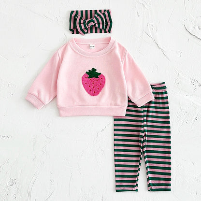Baby Girls Strawberry Top with Striped Legging and Headscarf Set childrensterritory