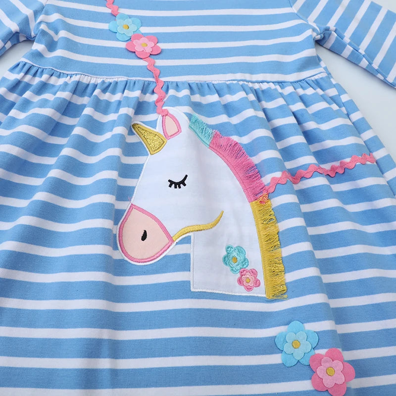 Little Girls Cartoon Unicorn Design Striped Dress
