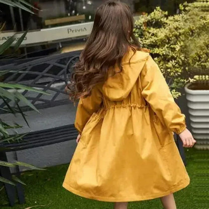 Kids Girls Long Hooded Windbreaker Trench Coats