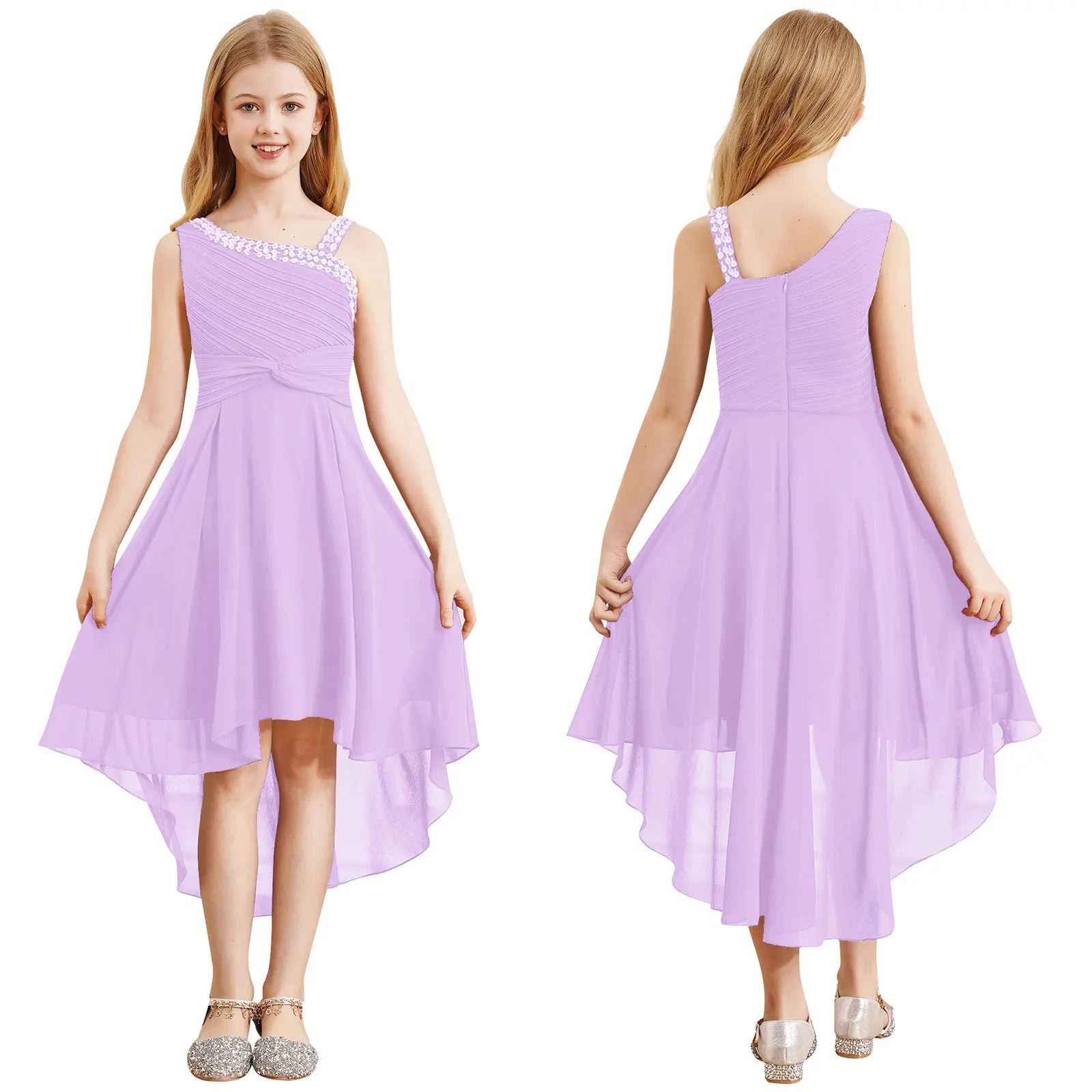 Kids Girls Ruched Twisted High-Low Summer Chiffon Dresses