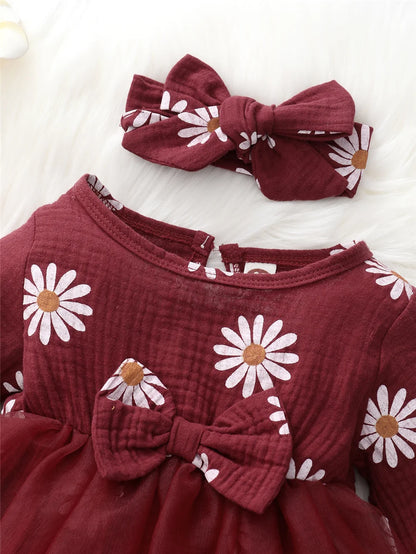 Baby Girl Flowers Print Tulle Bodysuit with Headband