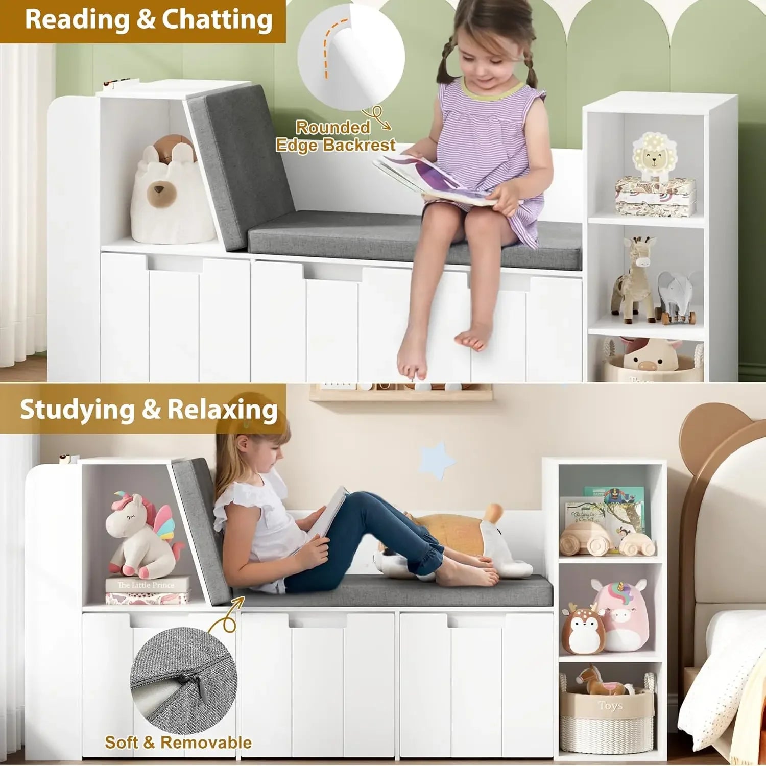 61.5" Kids Reading Nook with Double Bench and Bookshelf childrensterritory