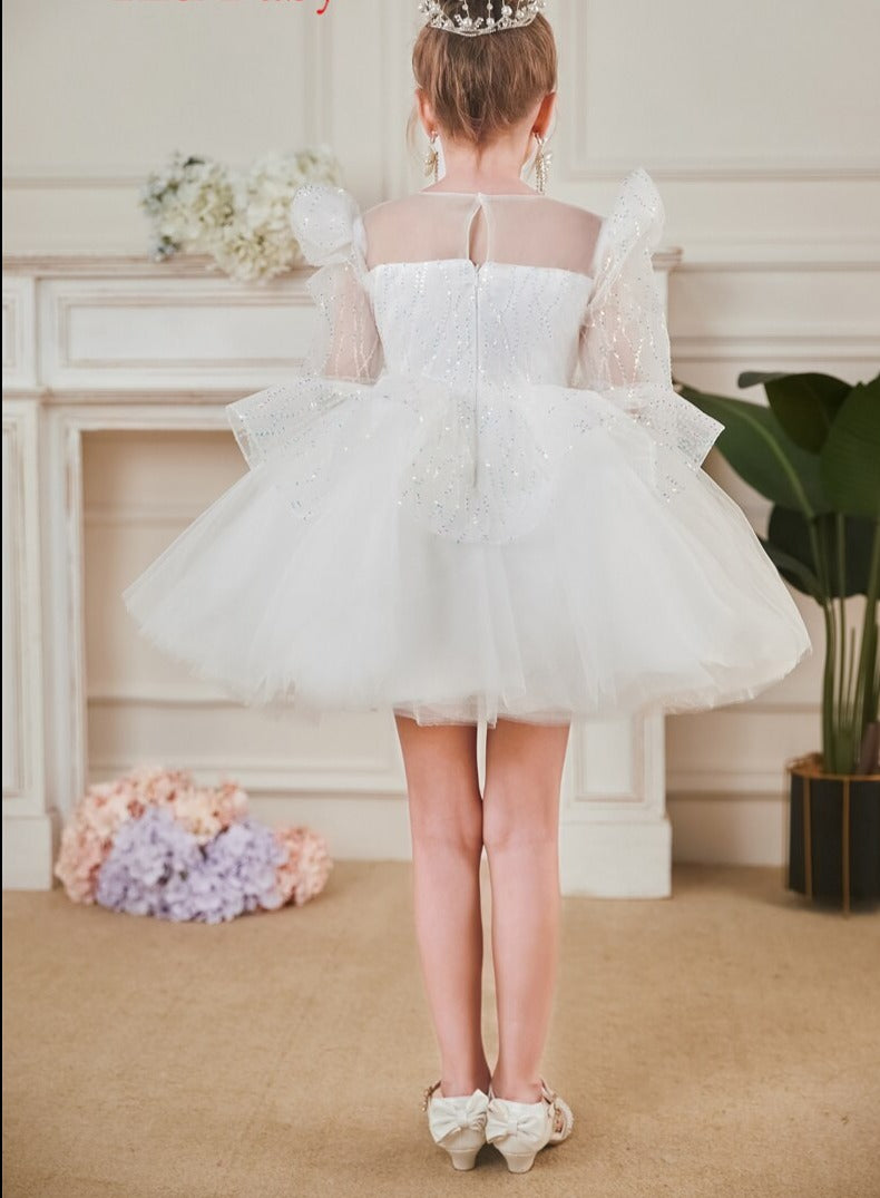 Elegant Sequin White Puffy Wedding Party Dress for Girls childrensterritory