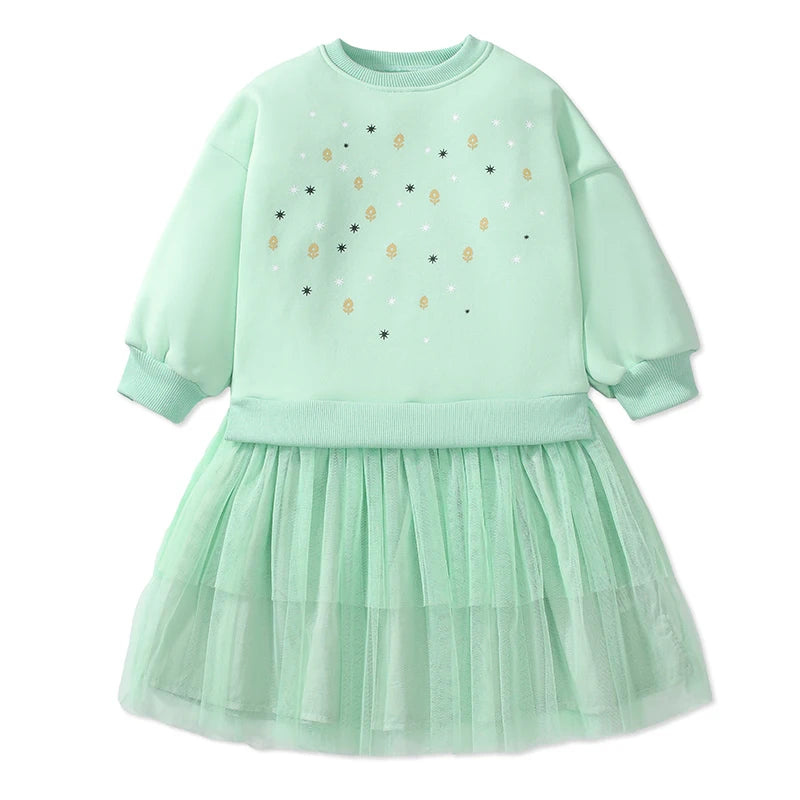 Kids Girls Warm Fleece Long Sleeves Mesh Dresses childrensterritory