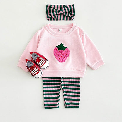 Baby Girls Strawberry Top with Striped Legging and Headscarf  Set